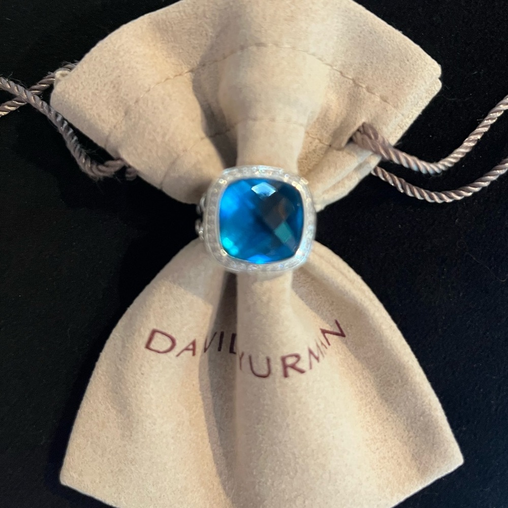 David Yurman 14mm Blue Topaz & Diamonds Albion Ring Size 7.75